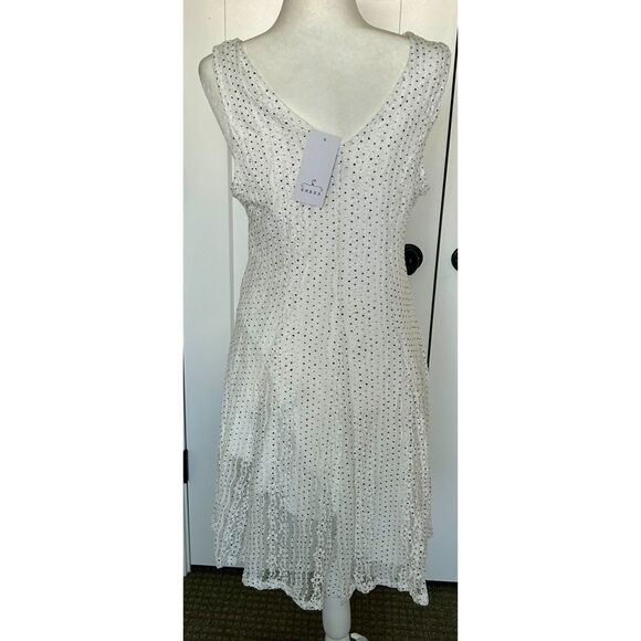 NWT Ember Brand Chiffon Sundress White with Black Dots Women's Size Large - Picture 2 of 6